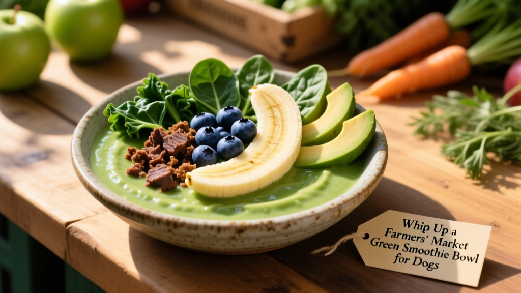 Fresh green smoothie bowl in a ceramic dish, topped with blueberries, crumbled beef topper, and a slice of banana