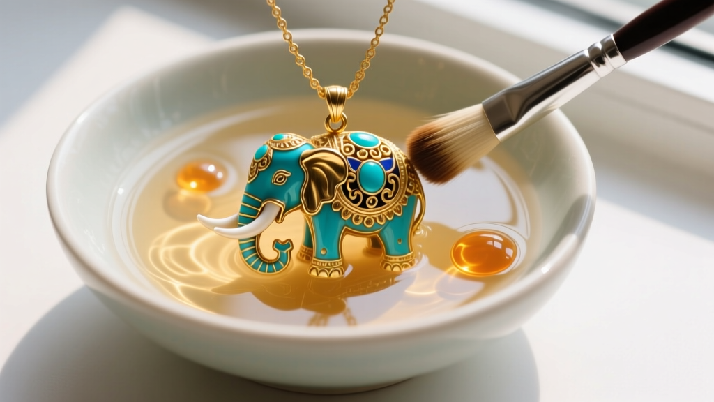 Soft brush gently cleaning a turquoise-inlaid gold antique elephant necklace pendant in a shallow ceramic bowl of warm soapy water.