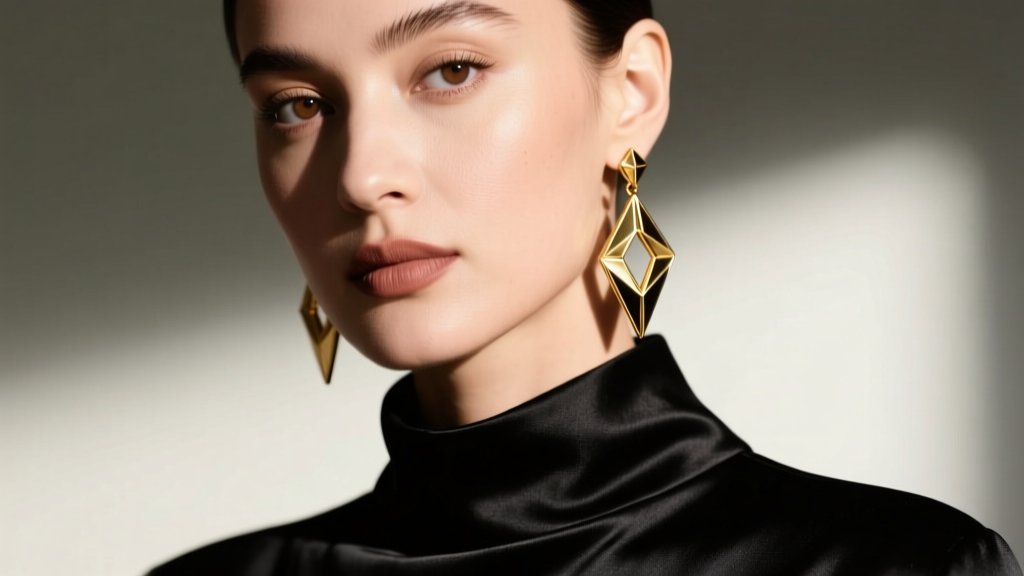 Close-up of a woman wearing 14k gold vermeil geometric drop earrings contrasting against a sleek black silk evening dress collar.