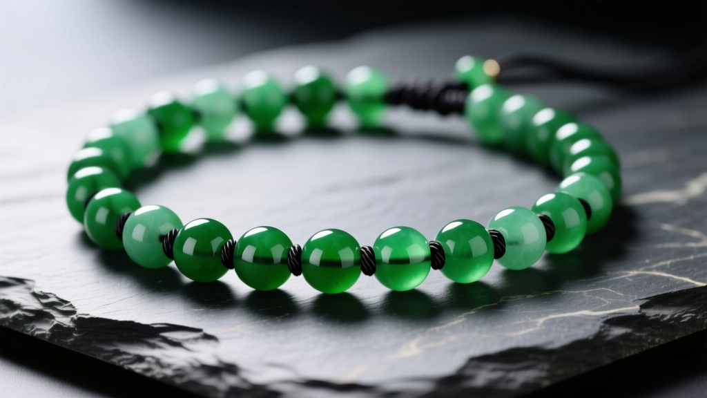 Close-up of a Type A jadeite beads necklace with vibrant emerald-green 10mm beads, knotted on black silk, resting on dark slate.