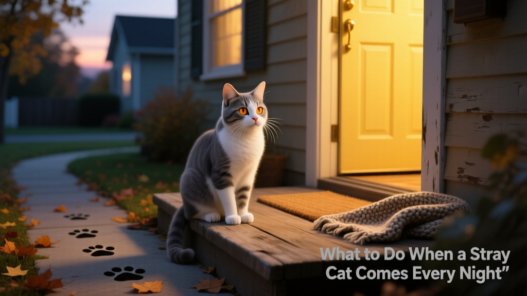 A calm, curious stray cat sitting on a porch at dusk, looking toward a lit doorway