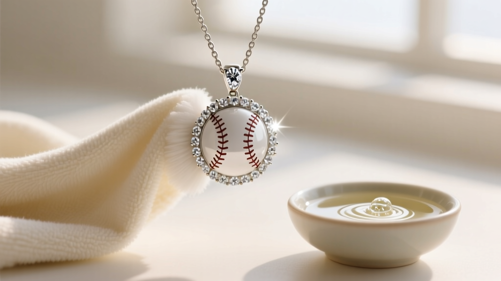 Soft microfiber cloth gently polishing a diamond-encrusted baseball pendant, next to a small bowl of mild jewelry cleaning soap.