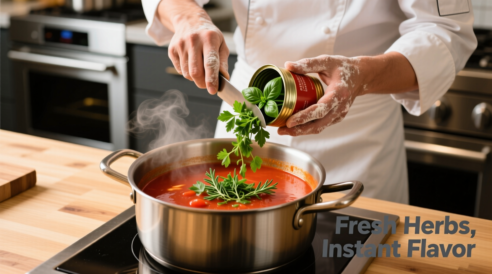 Chef enhancing canned tomato soup with fresh herbs