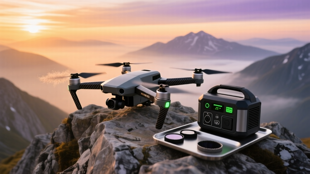 Ruggedized FPV racing drone resting on a rocky mountain peak next to a portable power station and ND filters at sunrise.