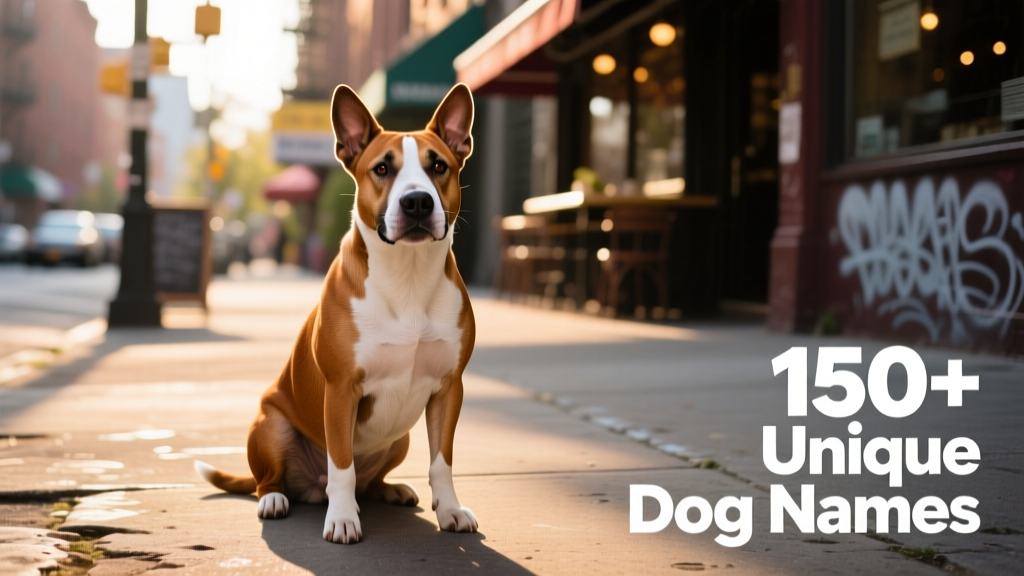 brown and white bull terrier sitting on sidewalk
