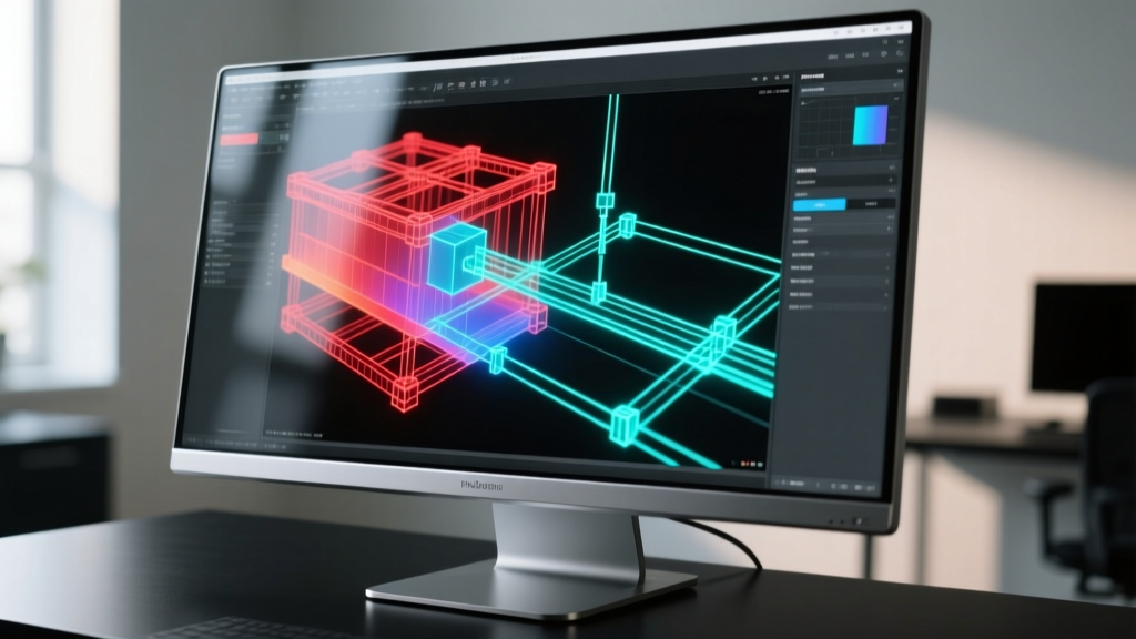 Close-up of a computer monitor displaying 3D light steel framing design software with structural load analysis and CNC toolpaths