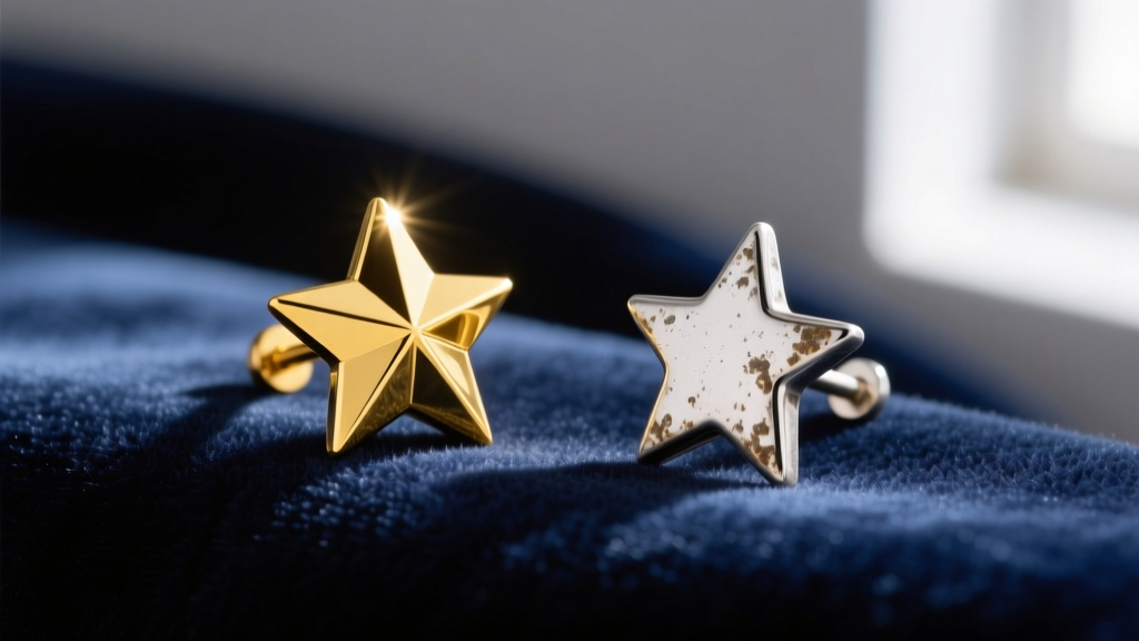 Side-by-side macro view of a bright 14k yellow gold star stud and a tarnished sterling silver star stud on soft velvet fabric.