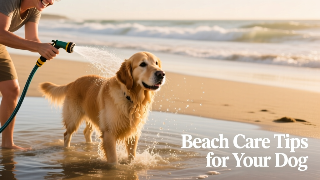 A dog being gently rinsed with fresh water after a beach visit