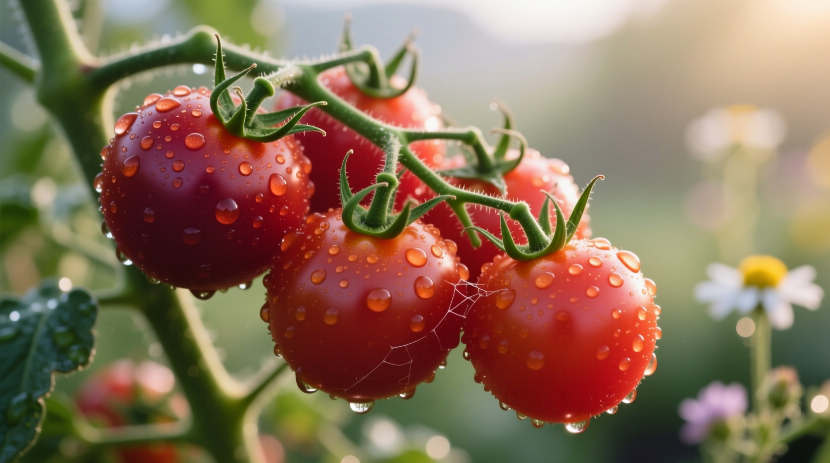 Fresh grape tomatoes on vine with dew drops
