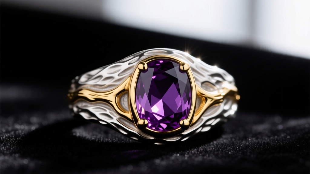 Close-up of a vintage Judith Ripka sterling silver and 18k gold bark-textured ring with an amethyst center stone on dark velvet.
