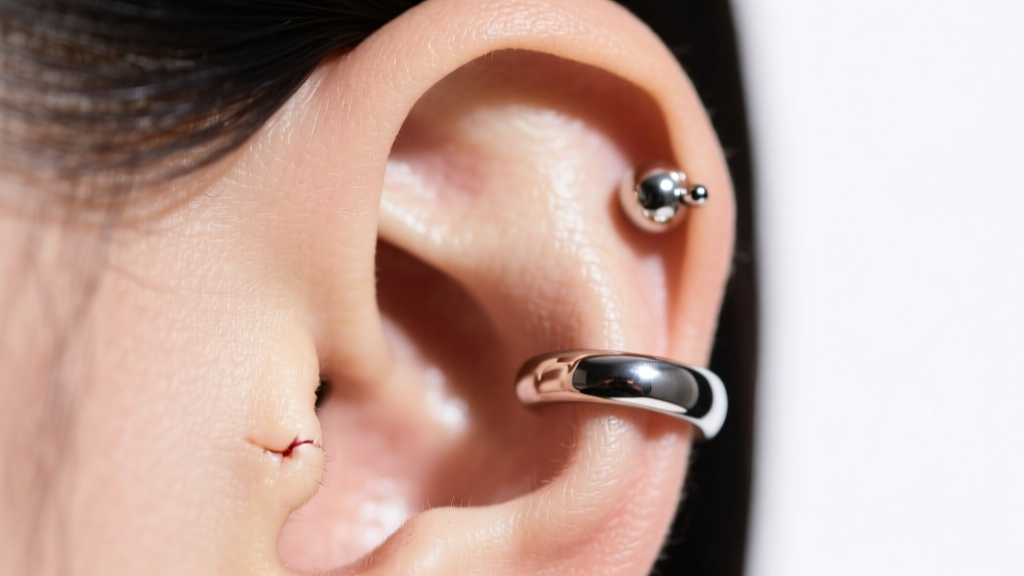 Close-up of a 16-gauge seamless silver clicker ring installed in a healed helix cartilage piercing under bright studio lighting.