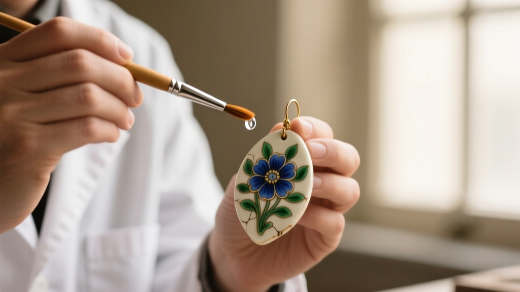 Conservator using a micro-brush and distilled water to gently clean the floral glaze on a delicate vintage ceramic drop earring