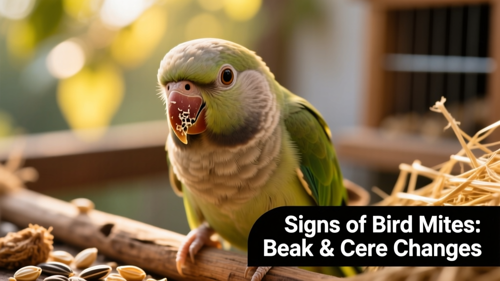 Close-up macro photo of a small parakeet showing subtle crustiness around the beak and cere