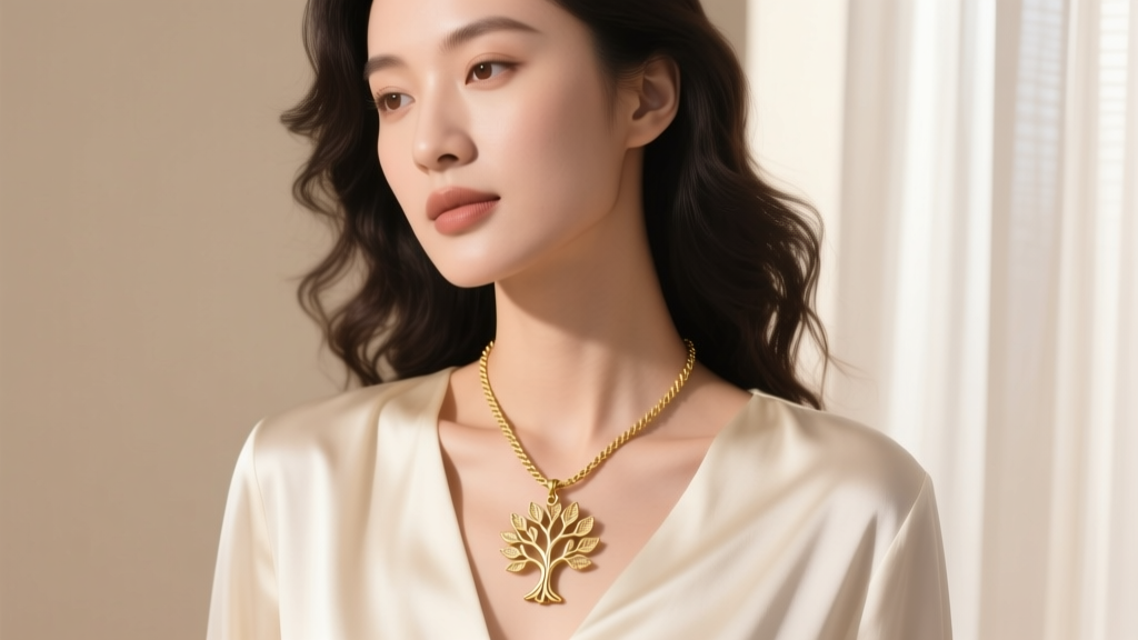 Woman wearing a 20mm 18k gold tree of life necklace on an 18-inch rope chain, resting below the collarbone on a cream silk blouse
