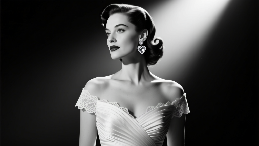 Elegant woman in 1950s attire wearing heart-shaped diamond drop earrings in dramatic black and white cinematic lighting