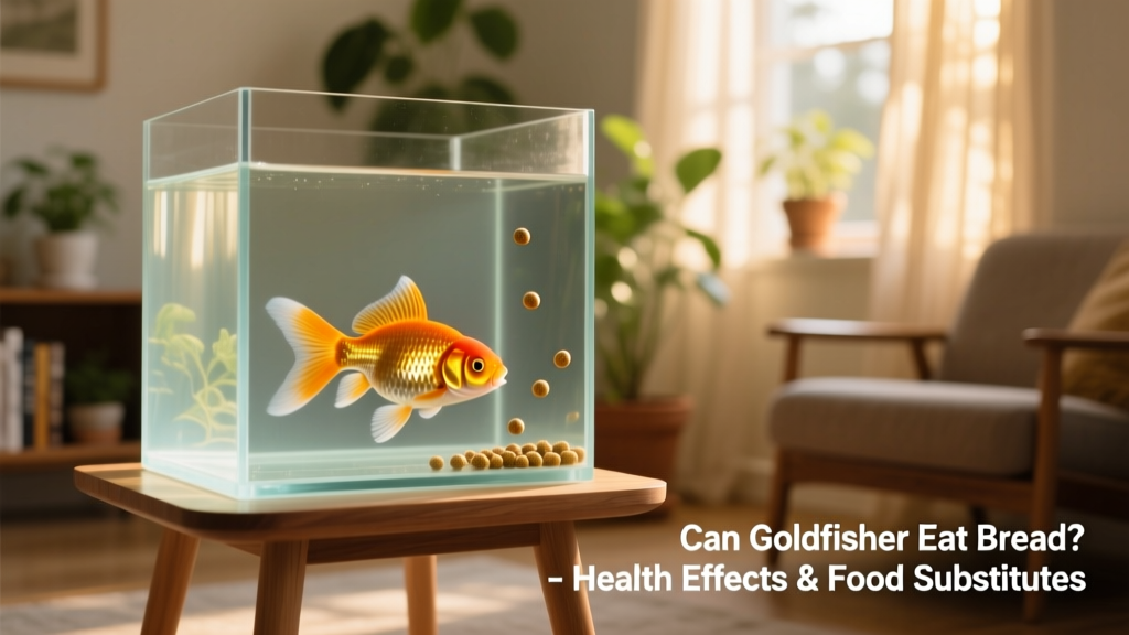 A healthy goldfish swimming near floating pellets in a clean, well-lit aquarium