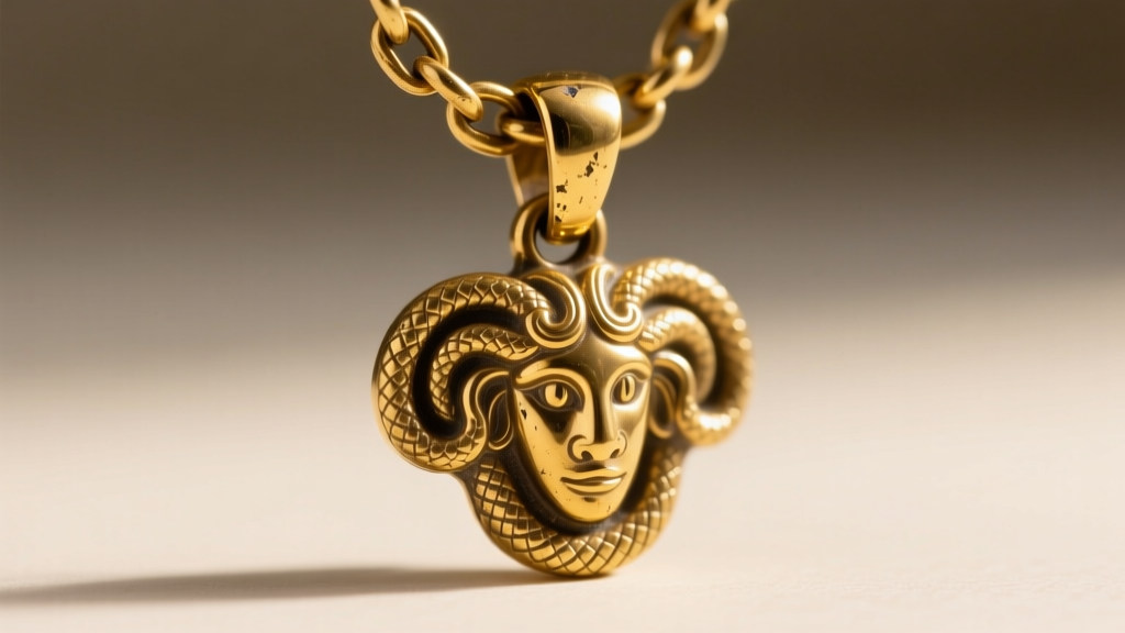 Macro view of a worn gold-plated brass bail on a Medusa pendant connecting to a Cuban chain, showing deep friction grooves inside