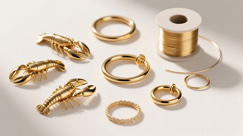 Flat lay of jewelry components including 14k gold-filled lobster clasps, soldered jump rings, and a spool of 24-gauge wire.