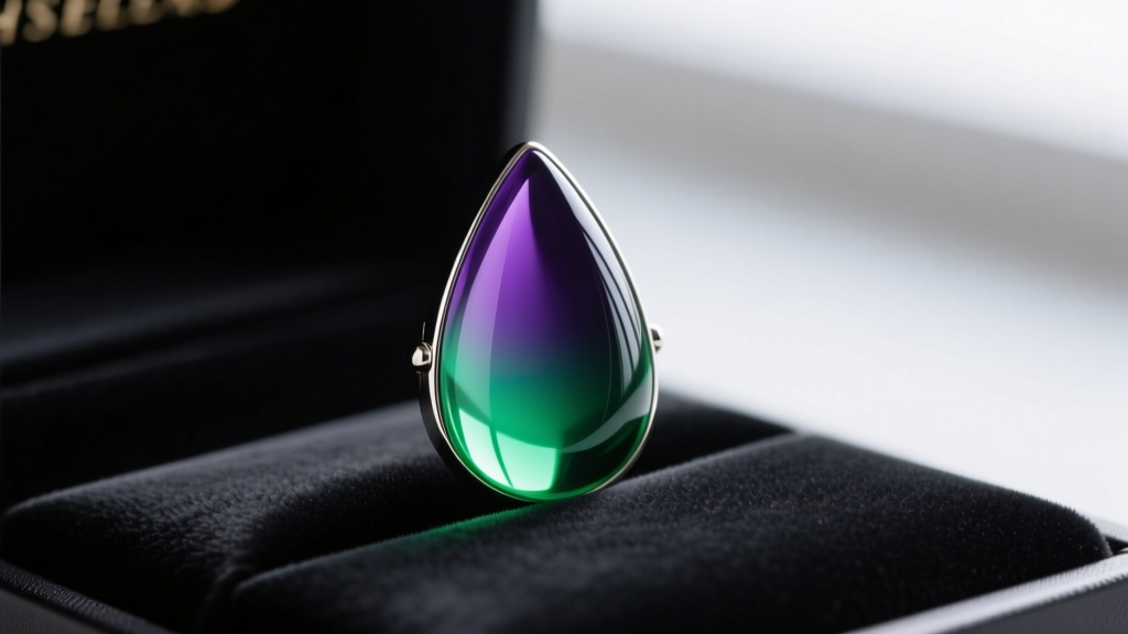 Close-up of a teardrop mood pendant shifting from deep violet to bright green, resting on a dark velvet jewelry display pad.