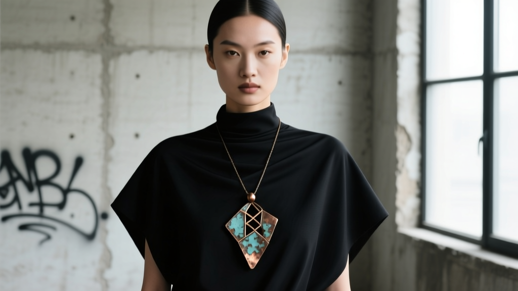 Model wearing dark fashion outfit, showcasing an asymmetrical oxidized metal pendant necklace over a draped black cowl neck top.