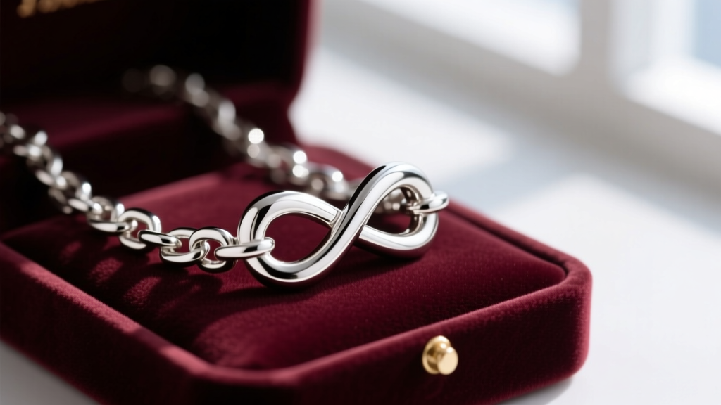 Macro shot of a polished platinum infinity pendant on a velvet box, highlighting the bright white luster and heavy chain links.