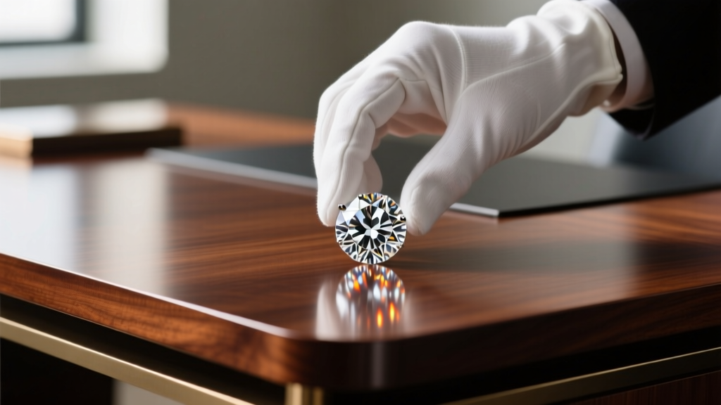 Mahogany desk showing a GIA certified round diamond, a jeweler