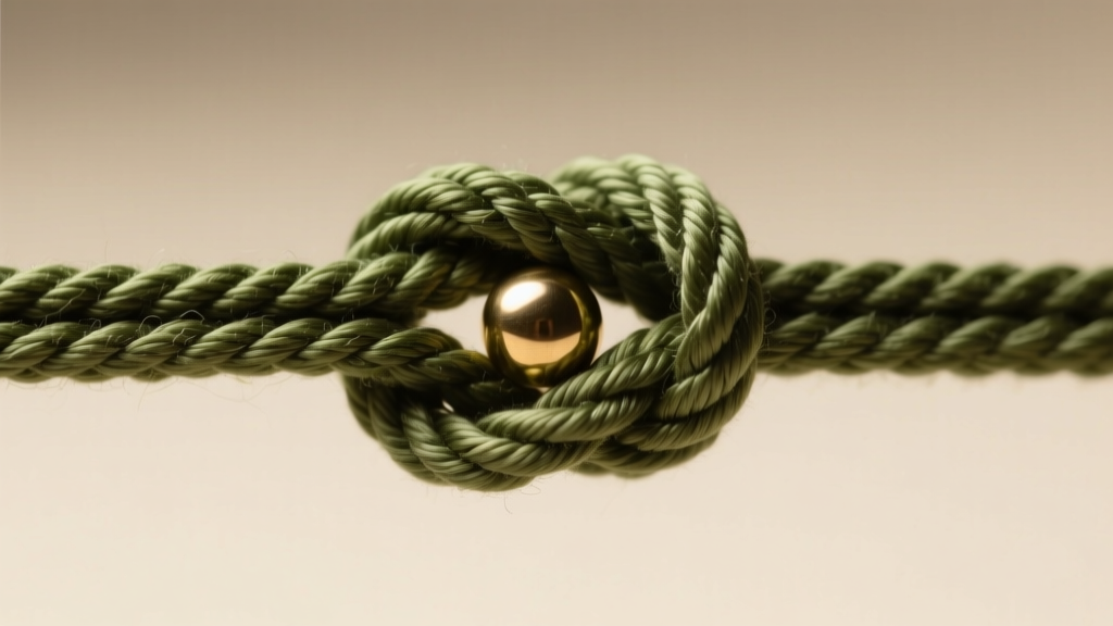 Macro close-up of a sliding square knot on a 1.5mm olive green waxed cotton cord featuring a small polished brass accent bead.