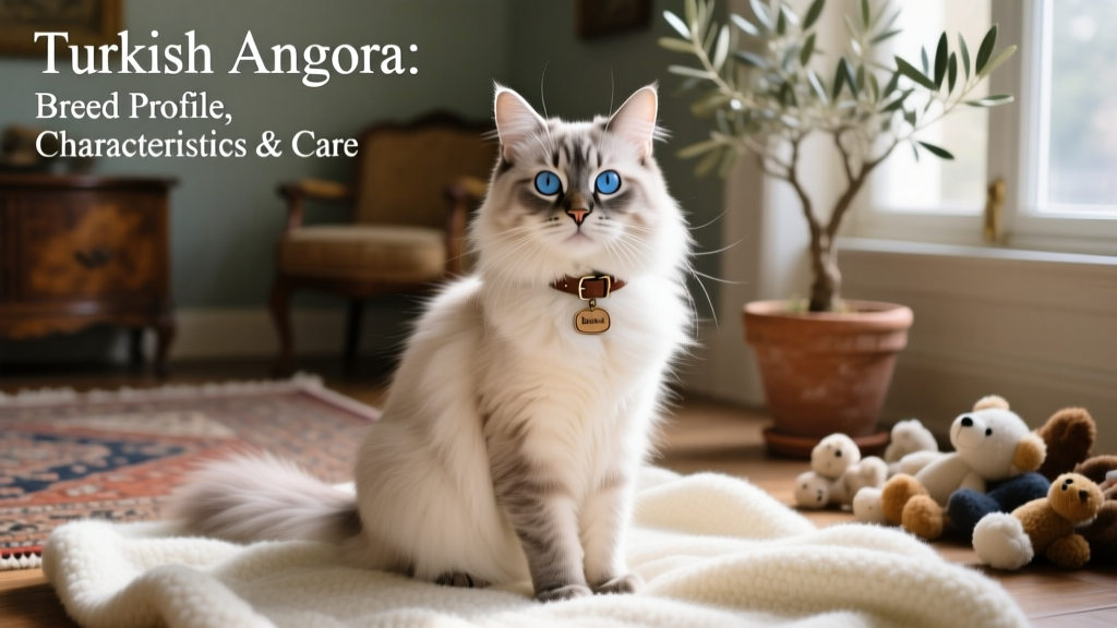 A graceful Turkish Angora cat sitting on a soft blanket, showcasing its elegant posture and silky long coat