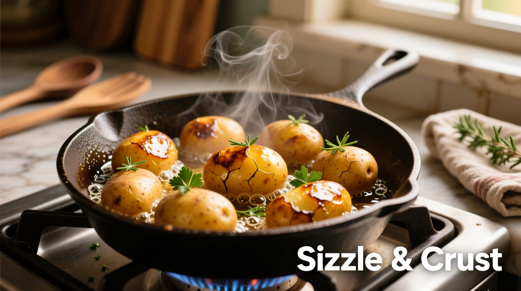 Golden brown potatoes sizzling in cast iron skillet