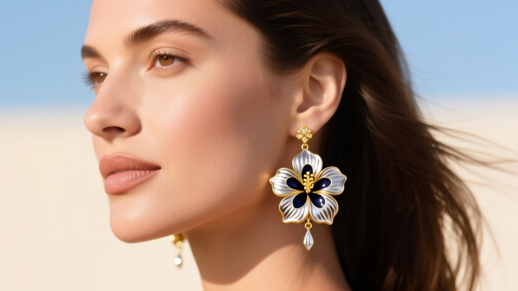 Profile of woman wearing 18g silver hibiscus hawaii flower dangle earrings with dark enamel accents in bright natural sunlight