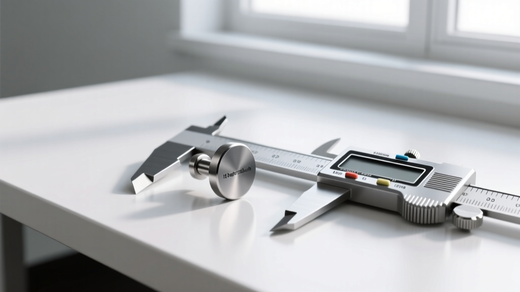 Digital calipers measuring the post length and gauge thickness of a minimalist 18-gauge flat-back titanium stud on a white desk