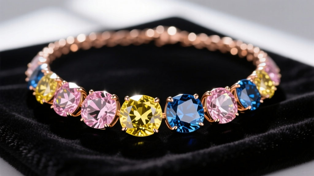 Macro shot of a multi colored diamond necklace with yellow, pink, and blue gems in 18k rose gold resting on dark velvet.