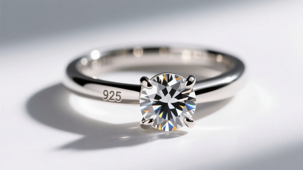 Macro photography of a sterling silver bezel setting holding a round moissanite stone, showing the prong details and metal stamp