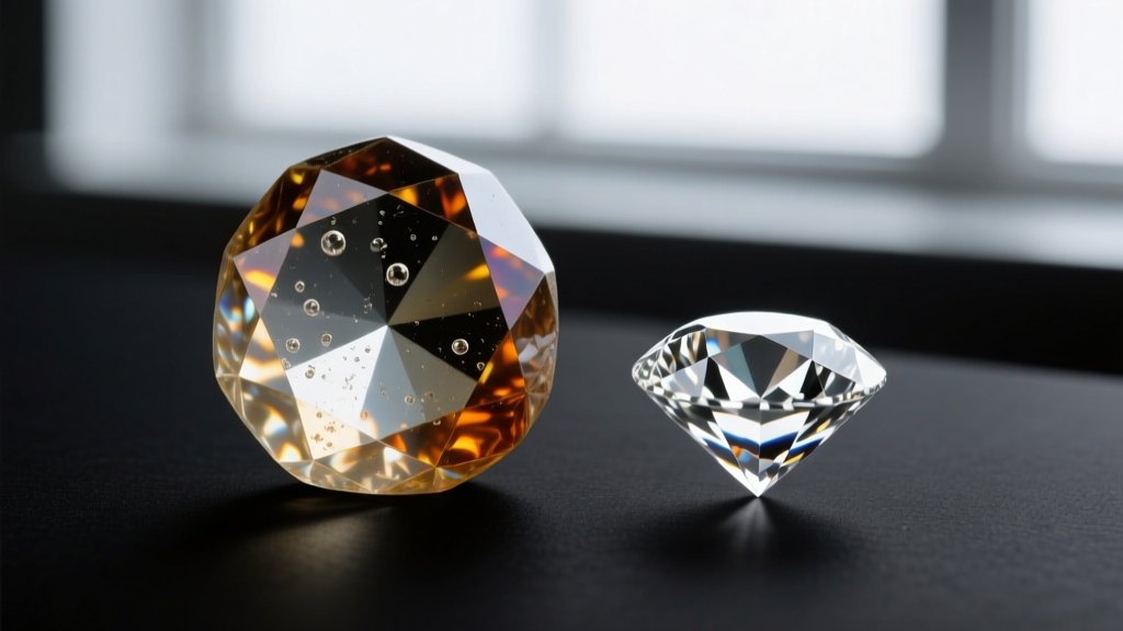 Macro photography comparing the faceted surface of a 19th-century lead glass paste stone and a brilliant-cut natural diamond