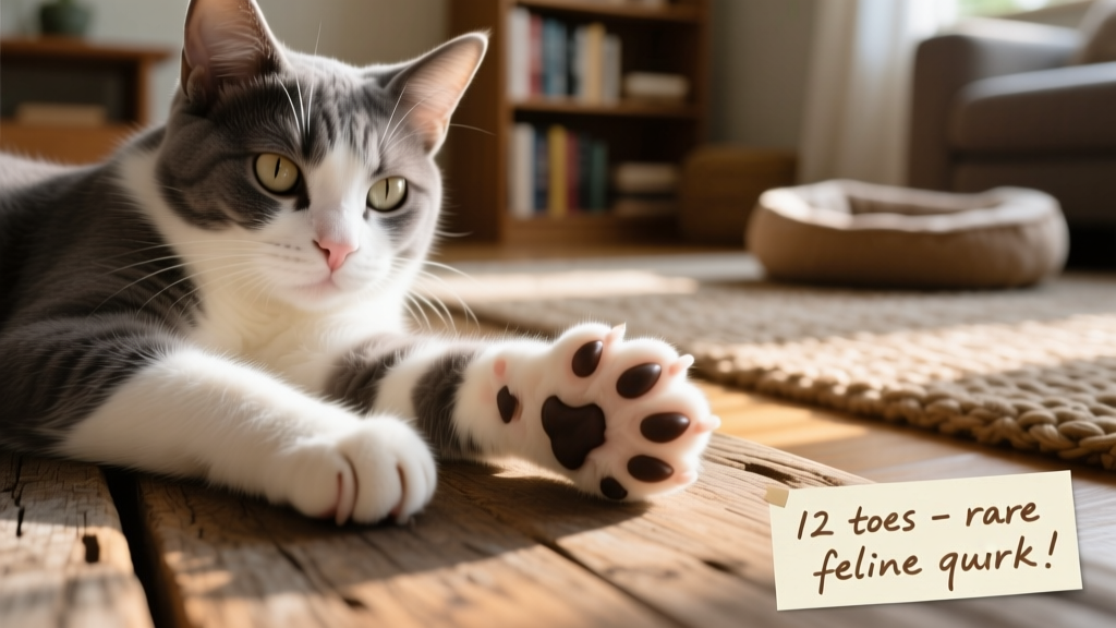 Closeup of a polydactyl cat's front paw showing extra toes arranged like a mitten