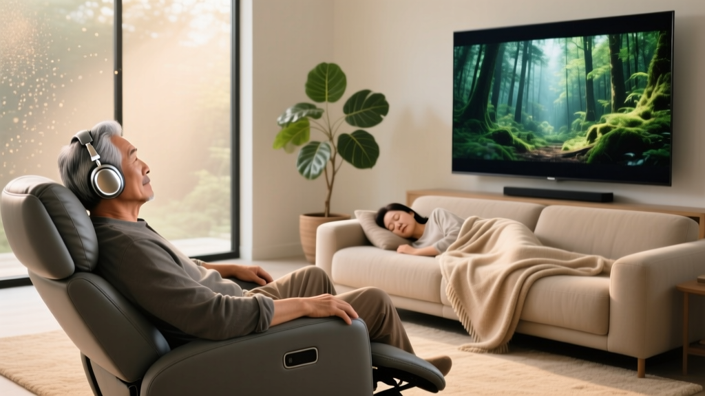 An older man wearing wireless over-ear TV headphones, relaxing in a recliner while watching television without disturbing his sleeping partner.