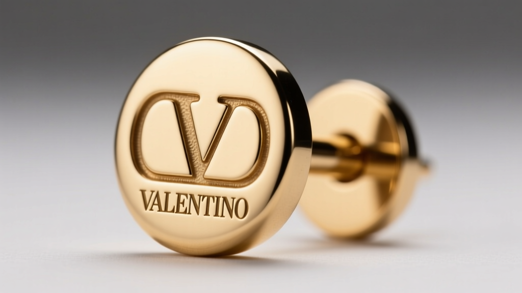 Close-up of Valentino hallmark on a brass earring post, showing crisp font and deep metal engraving under bright macro lighting.