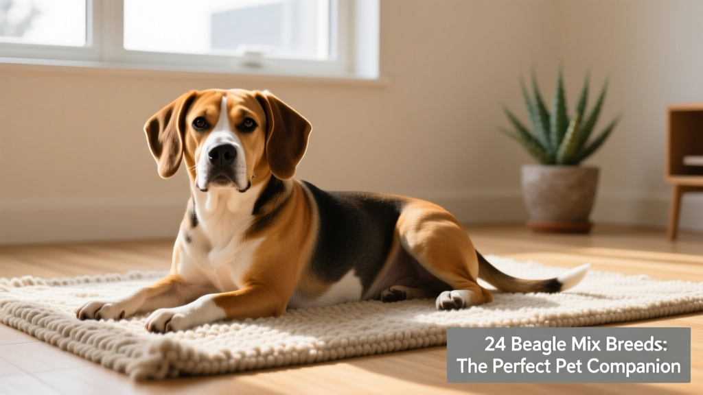 A relaxed Beabull resting on a sunlit rug, showing its distinctive facial features and compact frame