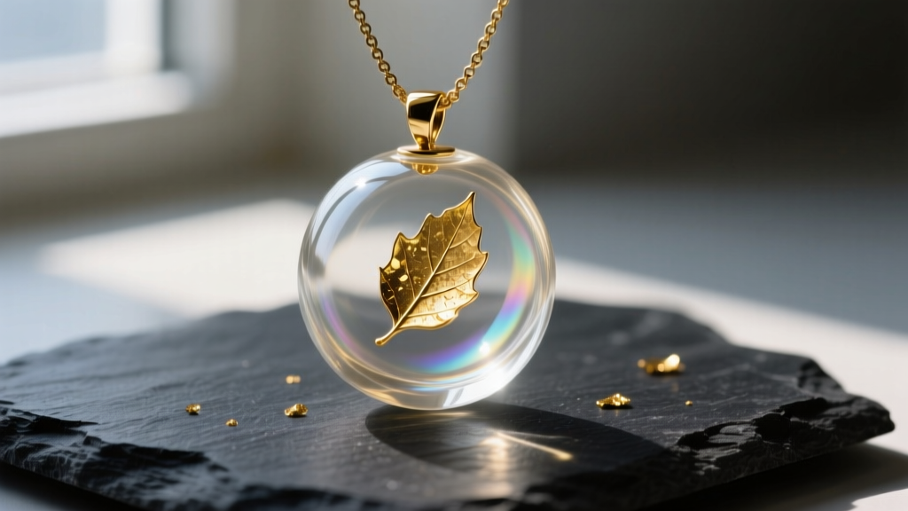 Macro shot of a translucent borosilicate glass necklace bubble pendant with suspended gold leaf flakes, resting on dark slate
