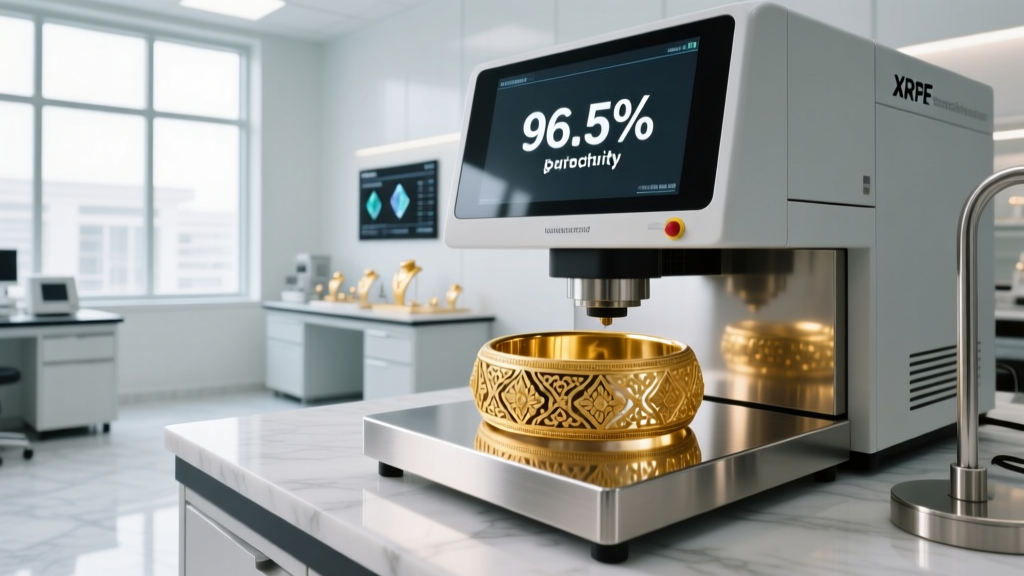 XRF spectrometer analyzing a Thai gold bangle, screen showing 96.5 percent purity in a modern jewelry assay laboratory setting.