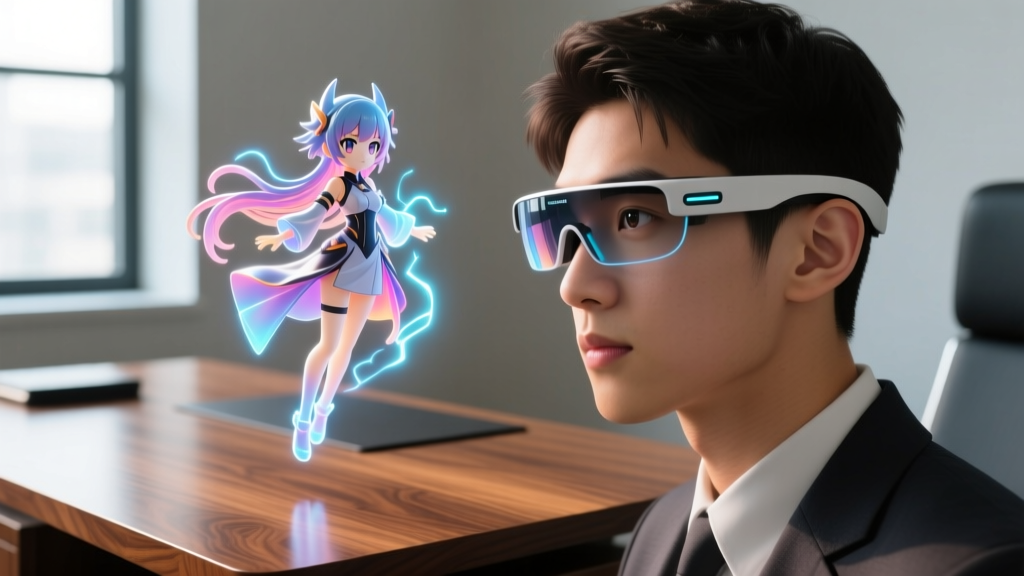 Close-up of a user wearing lightweight AR glasses, viewing a highly detailed 3D holographic anime figurine hovering above a wooden desk