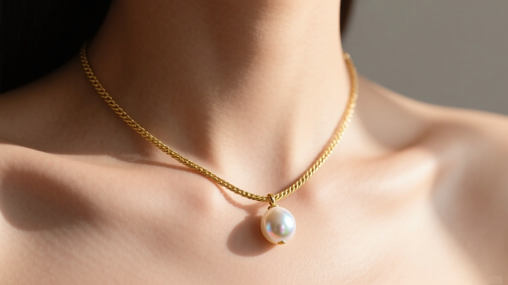 Close-up of a collarbone showing a 16-inch gold cable chain with a pearl pendant resting perfectly at the base of the throat