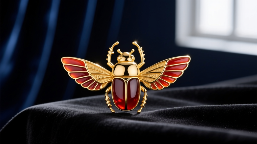A vintage Art Deco 14k gold scarab earring with carved carnelian wings resting on a dark velvet jeweler's tray next to a loupe