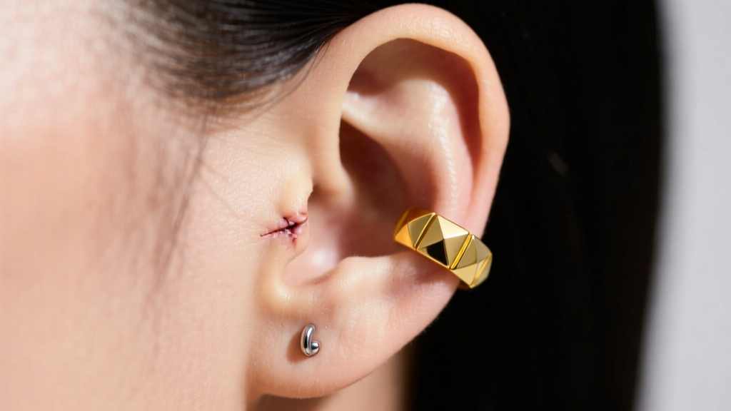 Profile of an ear showcasing a healed daith piercing wearing an 18k solid yellow gold segmented ring with a subtle matte finish.