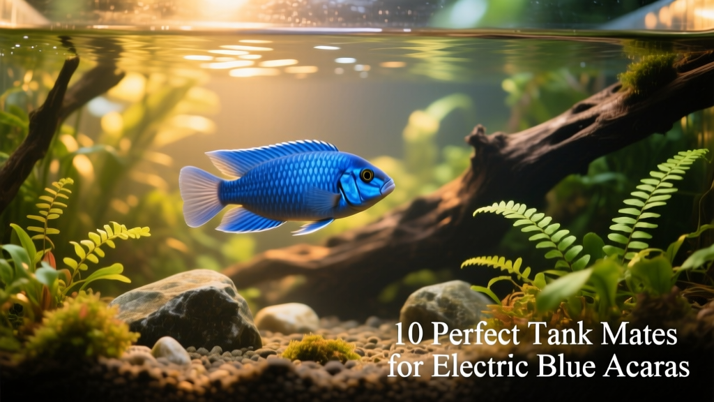 Electric Blue Acara swimming peacefully in a planted aquarium with soft lighting