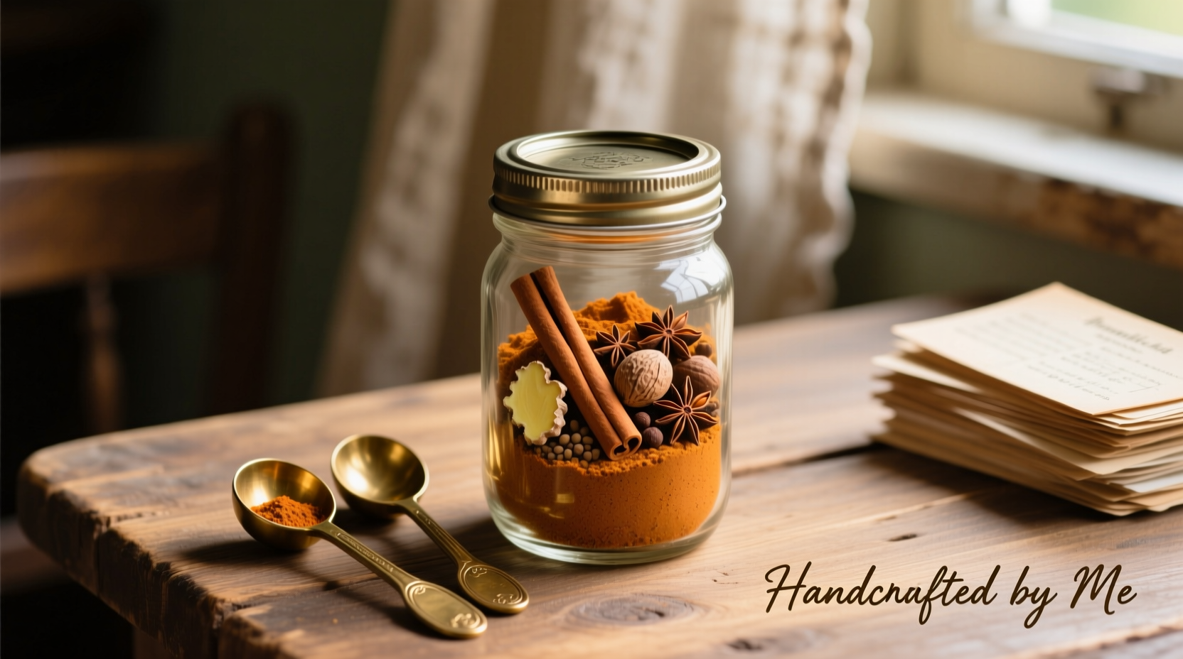 Homemade pumpkin spice blend in glass jar with measuring spoons
