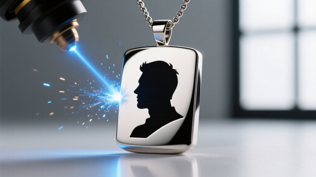 Macro shot of a fiber laser engraving a high-contrast silhouette PNG onto a polished 316L stainless steel custom pendant blank