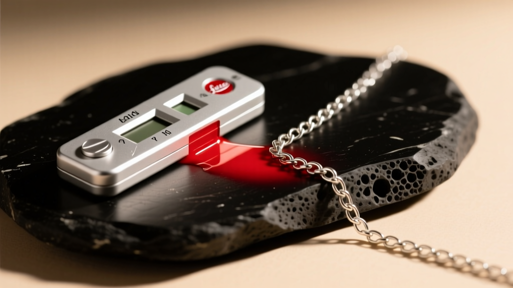 Silver testing acid kit beside a sterling chain, showing a bright red reaction on a black testing stone illuminated by warm light