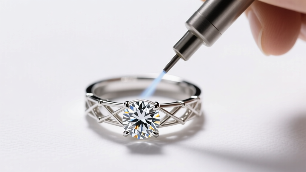 Jeweler using a steam nozzle to remove sebum from the gallery wires of a white gold diamond ring under bright studio light.