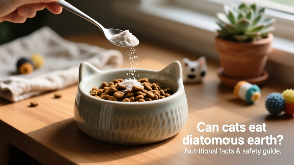 Ceramic cat bowl with dry kibble and a small spoonful of diatomaceous earth being sprinkled on top